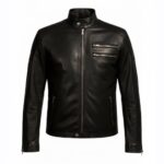 Front view of Aaron Paul Breaking Bad Jesse Pinkman Black Leather Jacket with snap collar, zipper cuffs, YKK zipper, and four pockets.