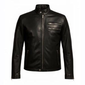 Front view of Aaron Paul Breaking Bad Jesse Pinkman Black Leather Jacket with snap collar, zipper cuffs, YKK zipper, and four pockets.