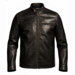 Front view of Aaron Taylor-Johnson Godzilla Lieutenant Ford Black Leather Jacket with snap collar, zipper cuffs, four front pockets, and YKK zipper closure.
