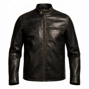 Front view of Aaron Taylor-Johnson Godzilla Lieutenant Ford Black Leather Jacket with snap collar, zipper cuffs, four front pockets, and YKK zipper closure.