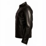 left side view of Aaron Taylor-Johnson Godzilla Lieutenant Ford Black Leather Jacket highlighting snap collar, zipper cuffs, four pockets, and YKK zipper.