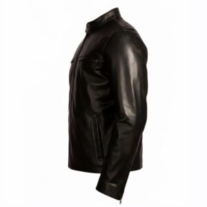 left side view of Aaron Taylor-Johnson Godzilla Lieutenant Ford Black Leather Jacket highlighting snap collar, zipper cuffs, four pockets, and YKK zipper.