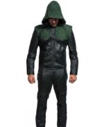 Men Green Leather Jacket With Hood