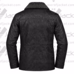 Back view of a black military-style leather jacket highlighting a dark grey fur collar, a horizontal back yoke, and tailored vertical seams.