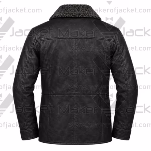 Back view of a black military-style leather jacket highlighting a dark grey fur collar, a horizontal back yoke, and tailored vertical seams.