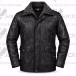 Front view of a men's black military leather jacket featuring a dark fur collar, central zipper with a snap-button storm flap, and four front utility pockets.