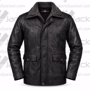 Front view of a men's black military leather jacket featuring a dark fur collar, central zipper with a snap-button storm flap, and four front utility pockets.