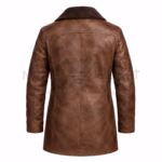 Back view of a Men's Distressed Brown Fur Leather Coat showcasing a horizontal shoulder yoke, vertical back seam, and dark fur collar.