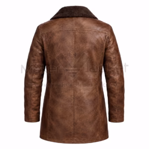 Back view of a Men's Distressed Brown Fur Leather Coat showcasing a horizontal shoulder yoke, vertical back seam, and dark fur collar.