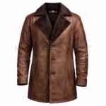 Front view of a Men's Distressed Brown Fur Leather Coat featuring a thick dark fur collar, three-button closure, and angled side pockets.