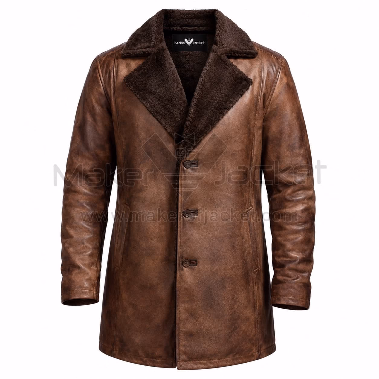Men Distressed Brown Fur Leather Coat (Front) Front view of a Men's Distressed Brown Fur Leather Coat featuring a thick dark fur collar, three-button closure, and angled side pockets.