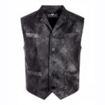 Men’s Black Distressed Leather Button-Up Vest Front View with Notch Lapel and Handwarmer Pockets