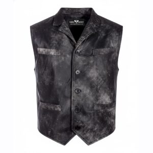 Men’s Black Distressed Leather Button-Up Vest Front View with Notch Lapel and Handwarmer Pockets