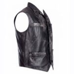Men’s Black Distressed Leather Vest Right Side View Showing Button Closure and Open-Hem Waistband