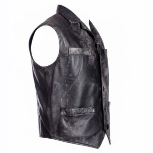 Men’s Black Distressed Leather Vest Right Side View Showing Button Closure and Open-Hem Waistband