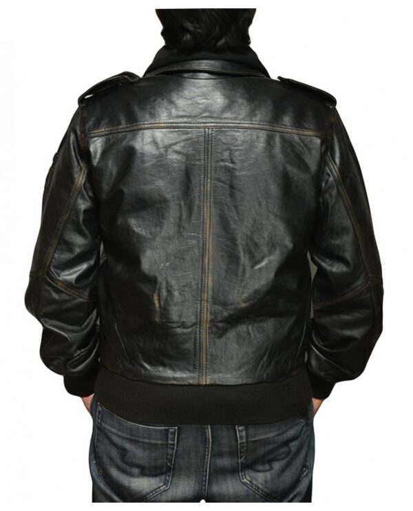 Men's Black Distressed Leather Bomber Jacket Back
