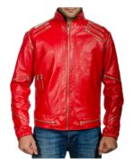 Candy Red Leather Jacket With Silver Zips