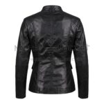 Back View of Beatrice Prior Dauntless Leather Jacket featuring quilted shoulder and elbow patches, with tailored princess seams on a white background.