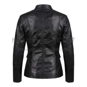 Back View of Beatrice Prior Dauntless Leather Jacket featuring quilted shoulder and elbow patches, with tailored princess seams on a white background.