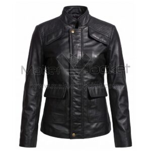 Front View of Beatrice Prior Dauntless Leather Jacket with a mandarin collar, four large flap pockets, and quilted shoulder panels on a white background.