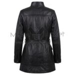 Back View of Black Leather Duster Trench Coat featuring a high stand collar, a belted waist, horizontal shoulder yoke, and central vertical seam.