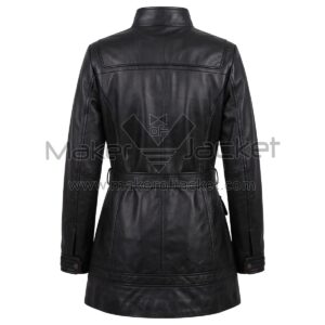 Back View of Black Leather Duster Trench Coat featuring a high stand collar, a belted waist, horizontal shoulder yoke, and central vertical seam.