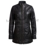 Front View of Black Leather Duster Trench Coat featuring a high stand collar, central zipper, unique horizontal paneling, and two front flap pockets.