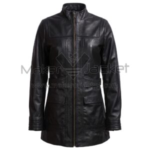 Front View of Black Leather Duster Trench Coat featuring a high stand collar, central zipper, unique horizontal paneling, and two front flap pockets.