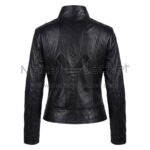 Back View of Black Smolder Asymmetrical Biker Leather Jacket featuring structured princess seams, a high collar, and a wide hem on a white background.