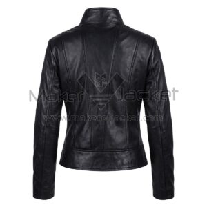 Back View of Black Smolder Asymmetrical Biker Leather Jacket featuring structured princess seams, a high collar, and a wide hem on a white background.