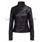 Front View of Black Smolder Asymmetrical Biker Leather Jacket with a high neck, asymmetrical zipper, and side pockets, set against a plain white background