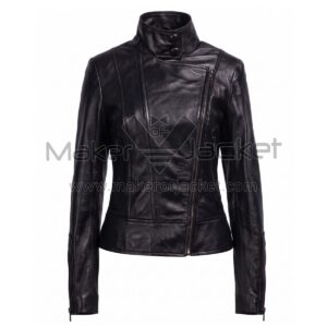 Front View of Black Smolder Asymmetrical Biker Leather Jacket with a high neck, asymmetrical zipper, and side pockets, set against a plain white background