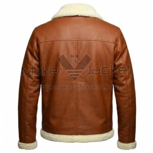 Back View of Brown Shearling Aviator Leather Jacket featuring shearling collar and hem, featuring vertical and horizontal seam stitching.