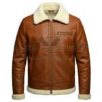 Front View of Brown Shearling Aviator Leather Jacket featuring shearling collar, cuffs, and hem, with zipper closue and a chest pocket.
