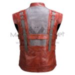 Back view of Guardians of The Galaxy Star Lord Vest featuring a grey mesh panel, vertical grey straps, and horizontal red leather bands with snap closures.