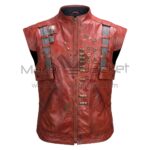 Front view of Guardians of The Galaxy Star Lord Vest featuring a distressed finish, grey shoulder straps, and various metallic studs and hardware details.