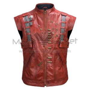 Front view of Guardians of The Galaxy Star Lord Vest featuring a distressed finish, grey shoulder straps, and various metallic studs and hardware details.