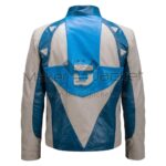 Back view of Dusk Citizen Blue White Leather Jacket featuring a horizontal shoulder yoke, central vertical seam, and a single rear vent.