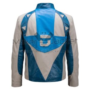 Back view of Dusk Citizen Blue White Leather Jacket featuring a horizontal shoulder yoke, central vertical seam, and a single rear vent.