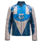 Front view of Dusk Citizen Blue White Leather Jacket futuristic, paneled design with a central graphic emblem, a band collar, and a full front zipper with Maker Of Jacket label