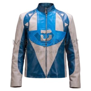 Front view of Dusk Citizen Blue White Leather Jacket futuristic, paneled design with a central graphic emblem, a band collar, and a full front zipper with Maker Of Jacket label