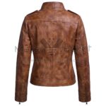 Back View of Emma Swan Distressed Brown Leather Jacket with shoulder epaulettes, a horizontal yoke, vertical panel seams, and zippered cuffs.