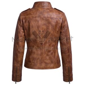 Back View of Emma Swan Distressed Brown Leather Jacket with shoulder epaulettes, a horizontal yoke, vertical panel seams, and zippered cuffs.