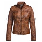 Front View of Emma Swan Distressed Brown Leather Jacket featuring a stand-up collar, shoulder epaulettes, multiple pockets, and a buckled waist belt with Maker Of Jacket brand label.