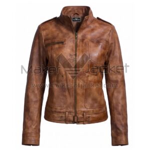 Front View of Emma Swan Distressed Brown Leather Jacket featuring a stand-up collar, shoulder epaulettes, multiple pockets, and a buckled waist belt with Maker Of Jacket brand label.