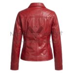 Back View of Emma Swan Distressed Brown Leather Jacket with shoulder epaulets, a horizontal yoke, vertical panel seams, and zippered cuffs.