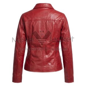 Back View of Emma Swan Distressed Brown Leather Jacket with shoulder epaulets, a horizontal yoke, vertical panel seams, and zippered cuffs.