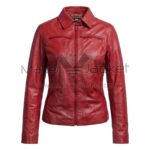 Front View of Emma Swan Red Leather Jacket featuring a stand-up collar, shoulder epaulets, multiple pockets, and a buckled waist belt with Maker Of Jacket brand label.