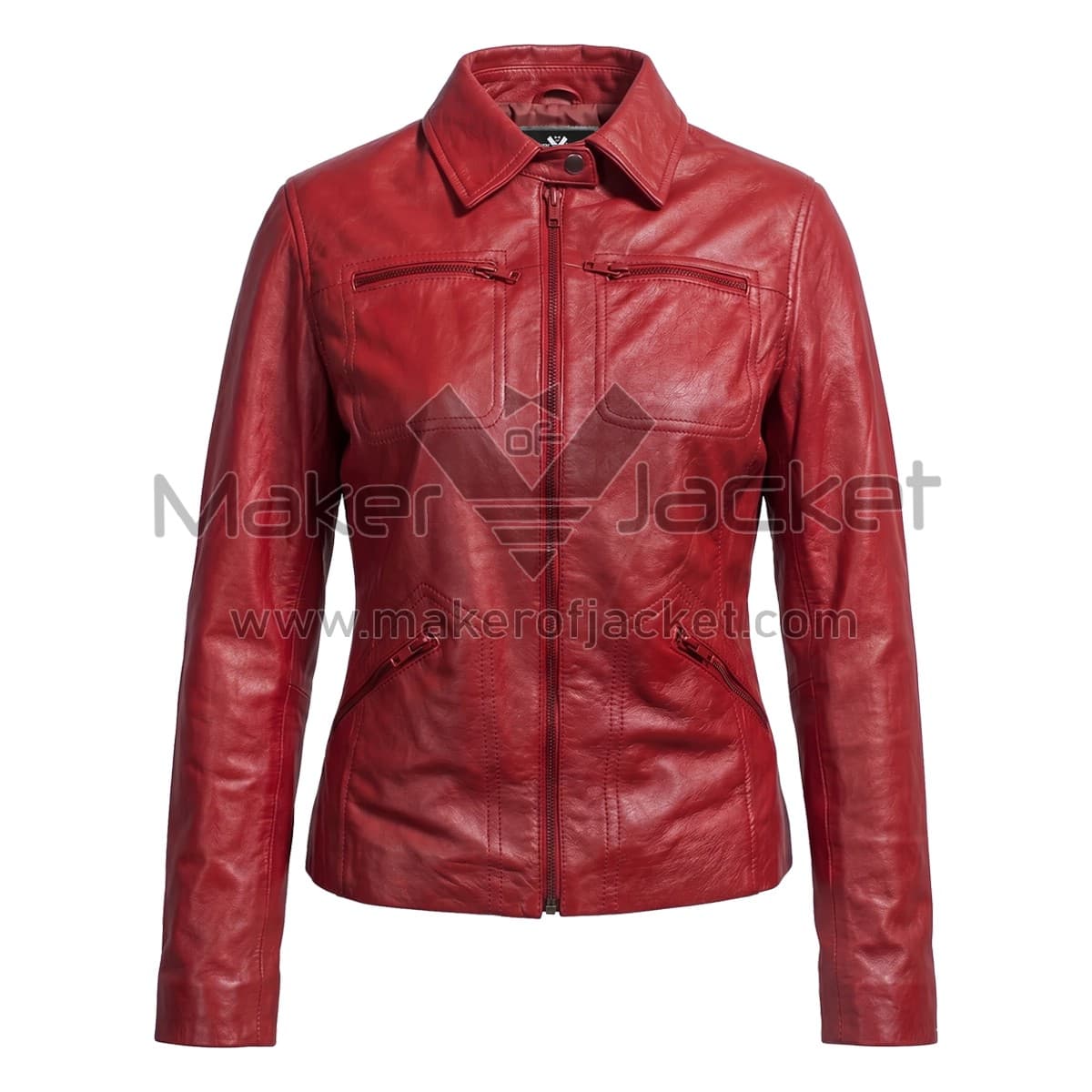 Emma Swan Once Upon A Time Red Leather Jacket Front Front View of Emma Swan Red Leather Jacket featuring a stand-up collar, shoulder epaulets, multiple pockets, and a buckled waist belt with Maker Of Jacket brand label.