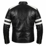 Back View of Fight Club Tyler Durden Black White Leather Jacket featuring white quilted shoulders and dual white arm stripes.